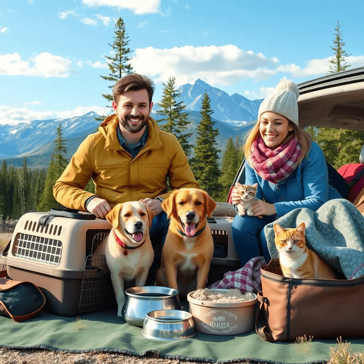 A happy family packing pet carriers and travel essentials with their dog and cat against a scenic Canadian mountain landscape with pine trees and clear sky.