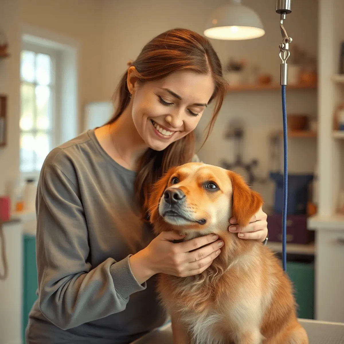 A calm woman gently grooming a relaxed dog in a bright, cozy pet grooming salon with soft lighting and soothing colors.