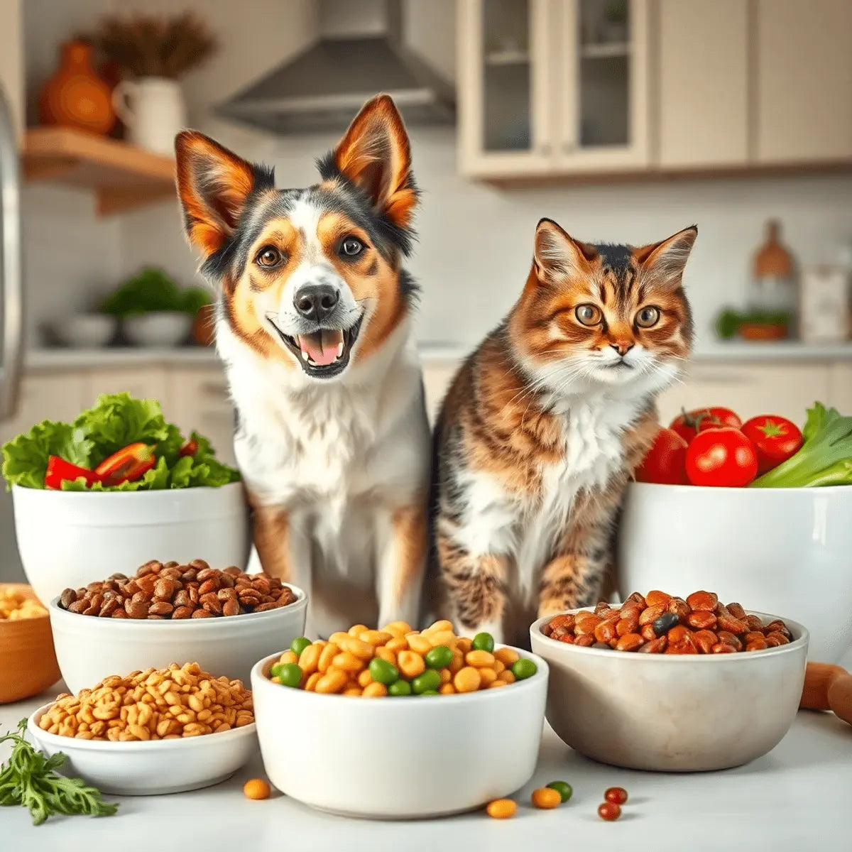 A healthy dog and cat near bowls of grain-free and grain-inclusive pet food with fresh vegetables and grains in a bright, clean kitchen.