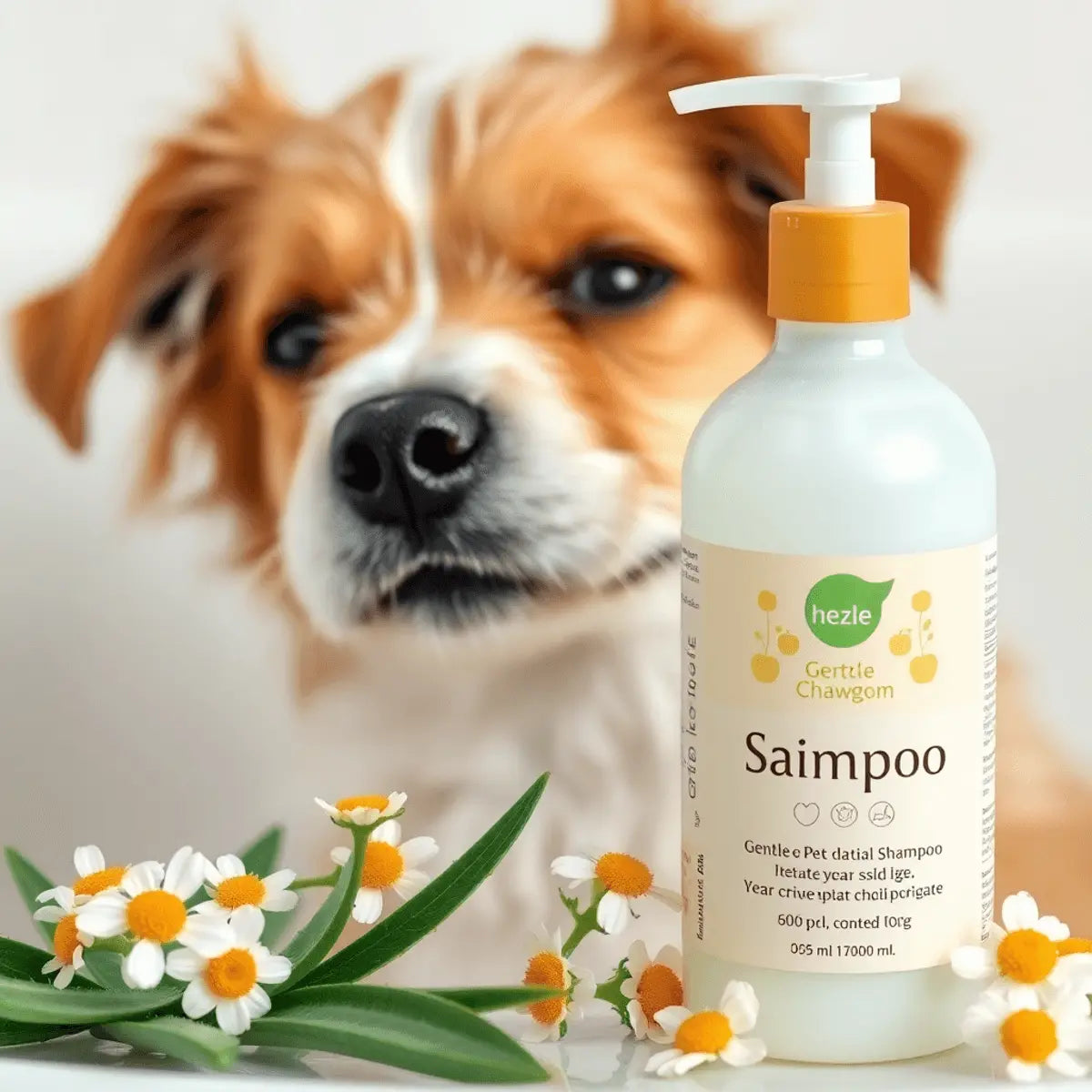 Close-up of a gentle pet shampoo bottle with aloe vera and chamomile, a calm dog being gently bathed in the background, highlighting care for sensitive skin.