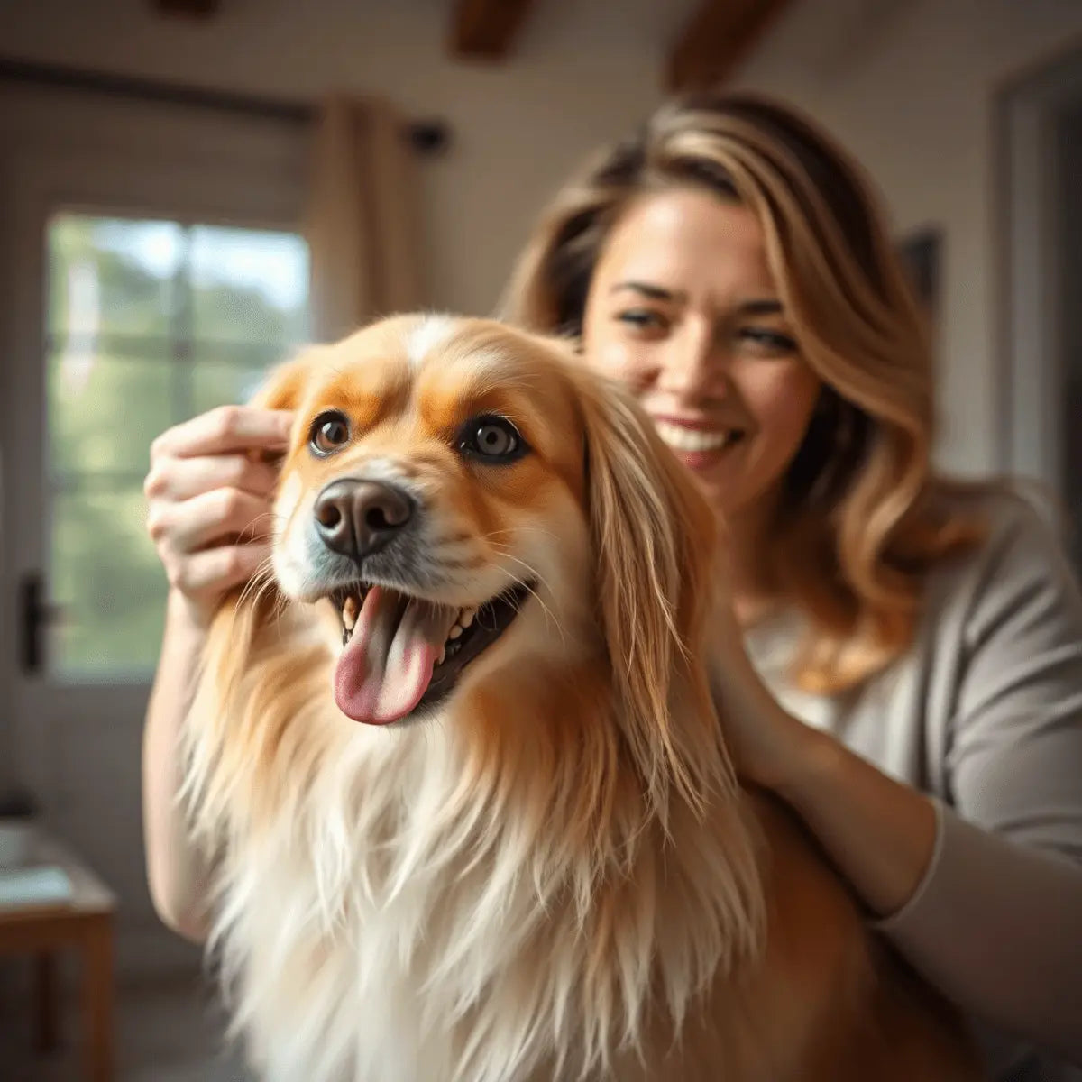 A happy long-haired dog being gently brushed by a smiling person in a bright, cozy home with soft natural light highlighting the shiny coat.