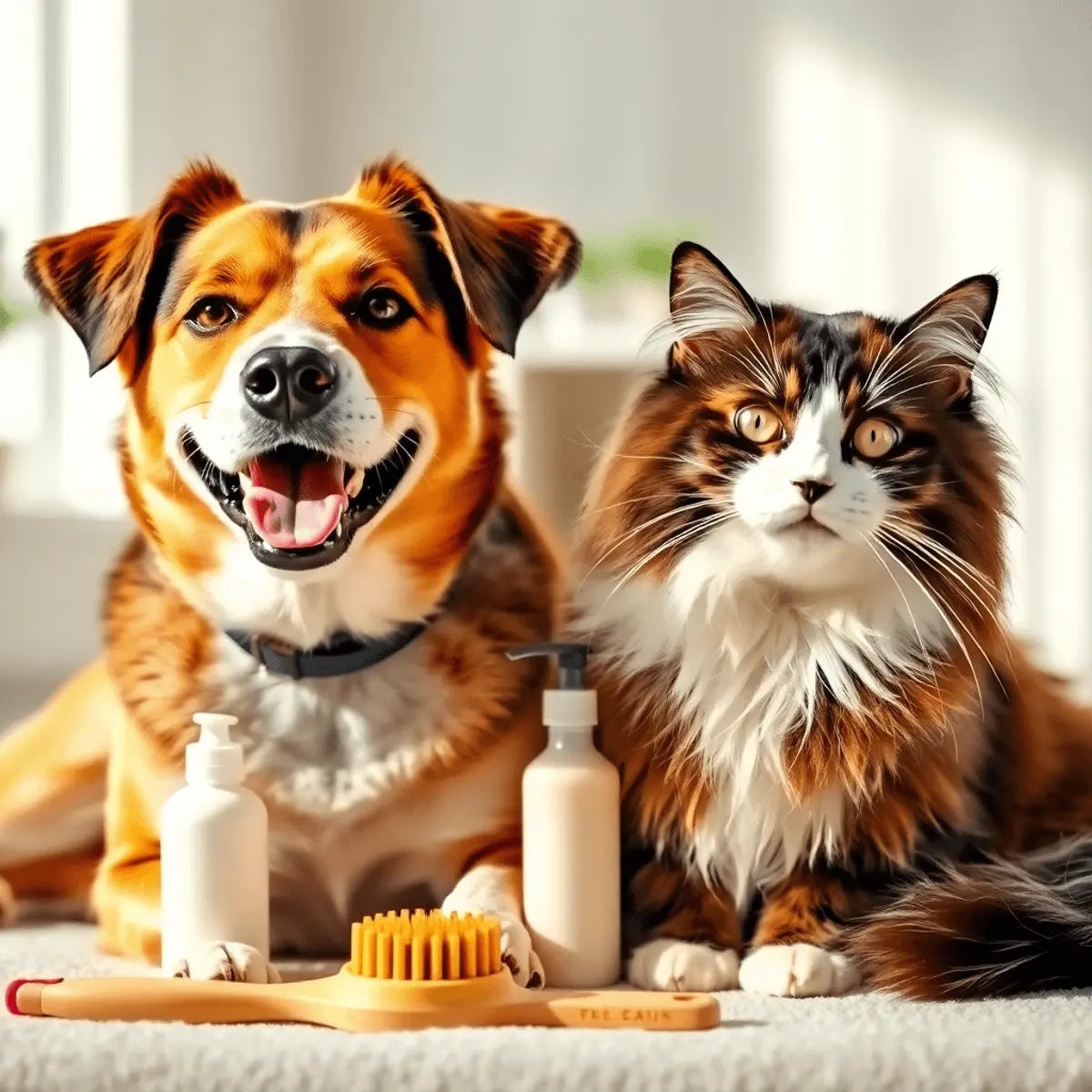 A happy dog and cat sitting side by side in a bright home, surrounded by grooming tools on a soft surface, with natural light highlighting their shiny coats.