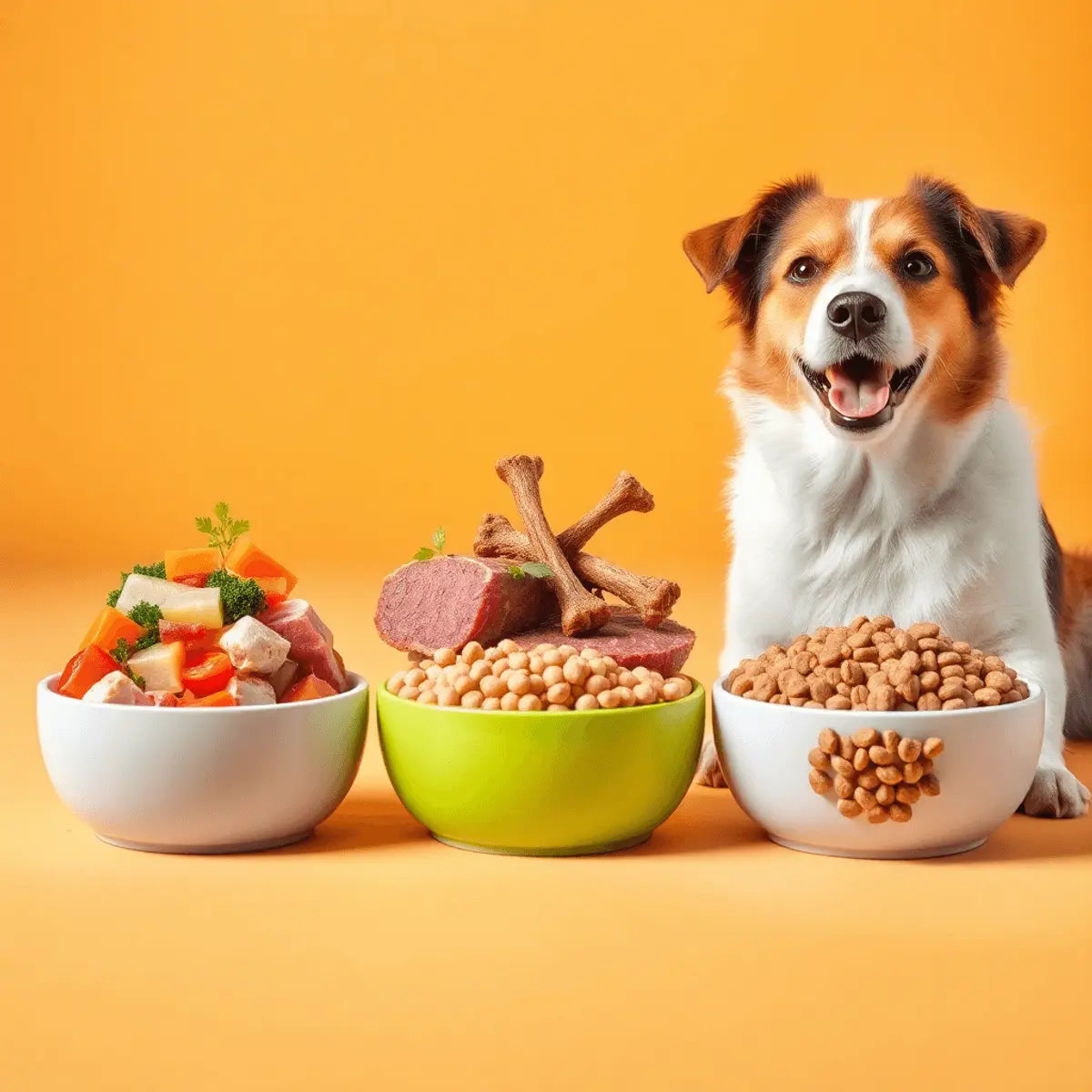 Three bowls of dog food—fresh ingredients, raw meat and bones, and dry kibble—on a warm background with a happy dog looking at them.