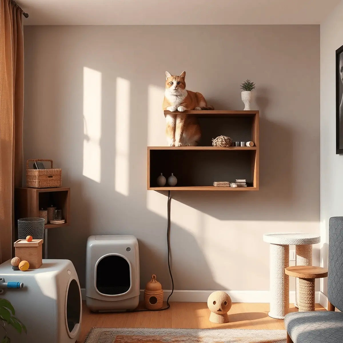 Cozy urban apartment with a content cat on a wall-mounted shelf, modern cat furniture, toys, and a clean litter box area in soft natural light.