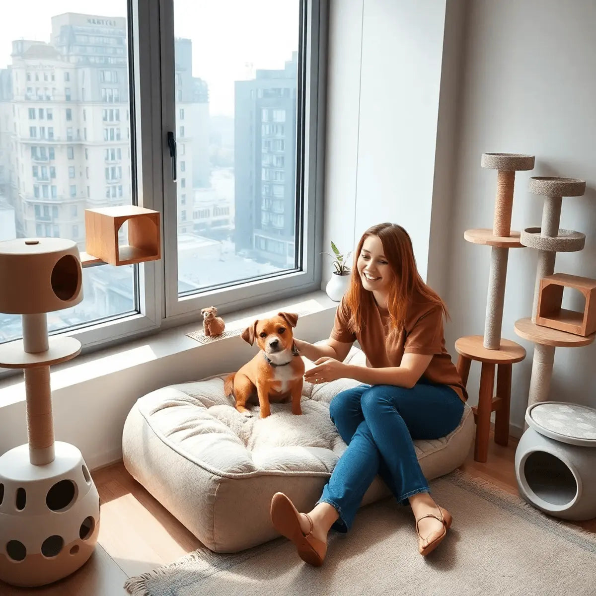 A cozy urban apartment with a person playing with a small dog on a pet bed near a window, surrounded by stylish pet furniture and city buildings outside.