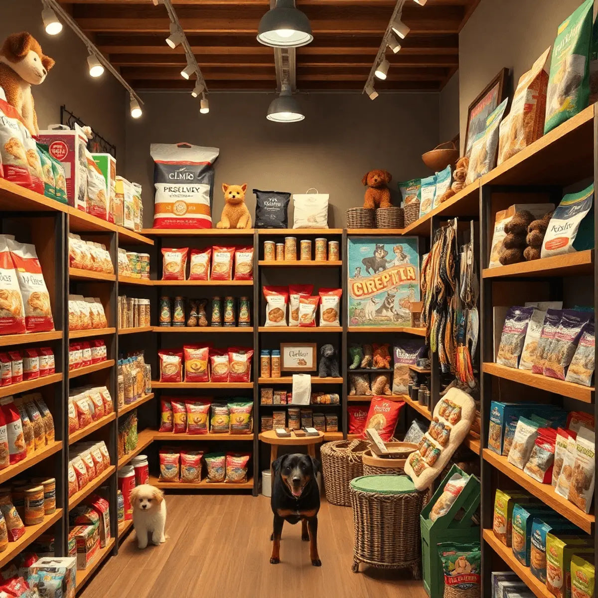 Cozy boutique pet store interior with shelves of premium pet food, toys, and accessories, warm lighting creating a welcoming atmosphere.