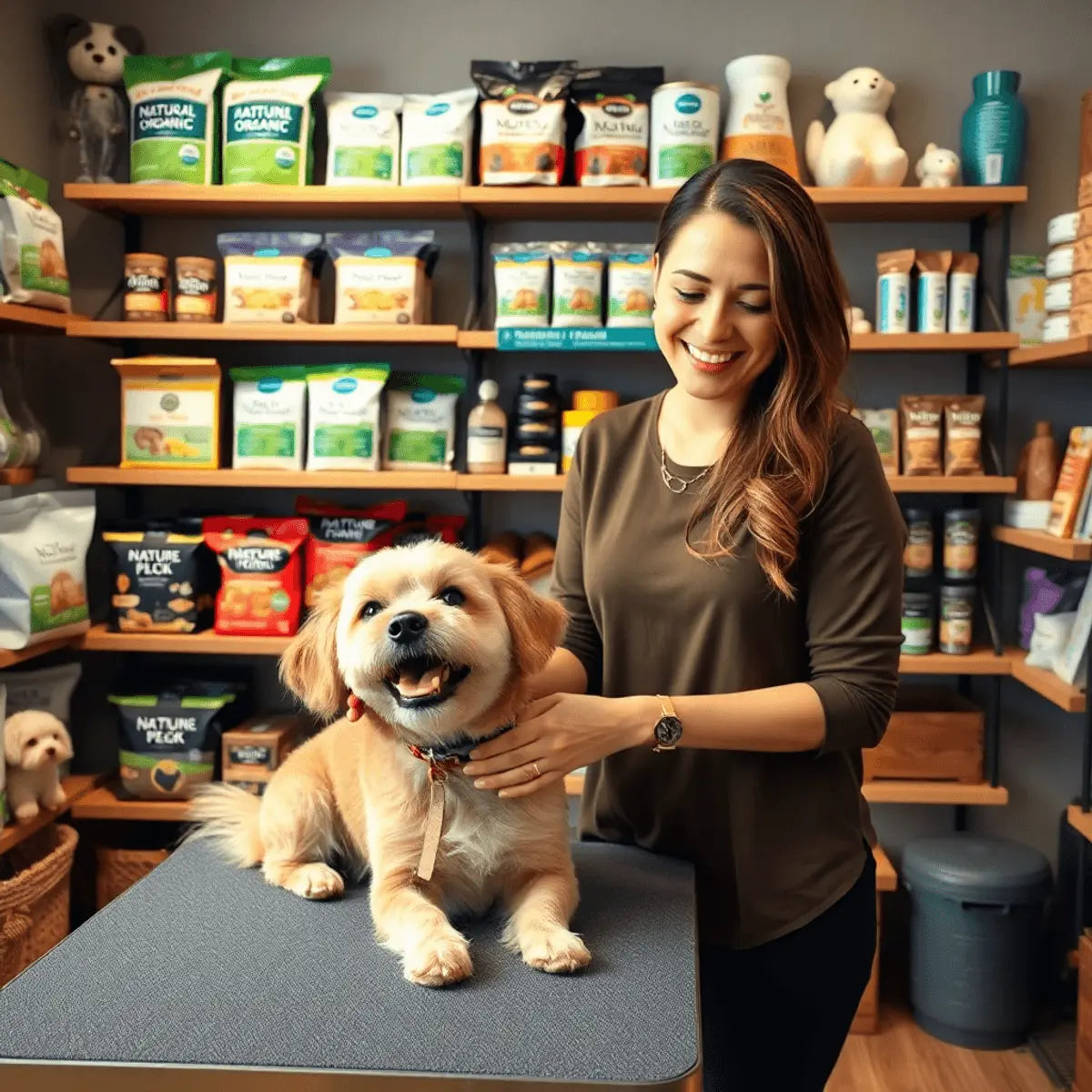 Cozy boutique pet store interior with shelves of natural pet food, toys, grooming products, and a woman gently grooming a content dog under warm lighting.
