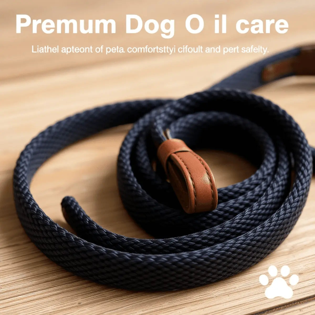 Close-up of a premium dog leash coiled on wood, highlighting texture and craftsmanship with soft lighting and subtle pet care symbols in the background.