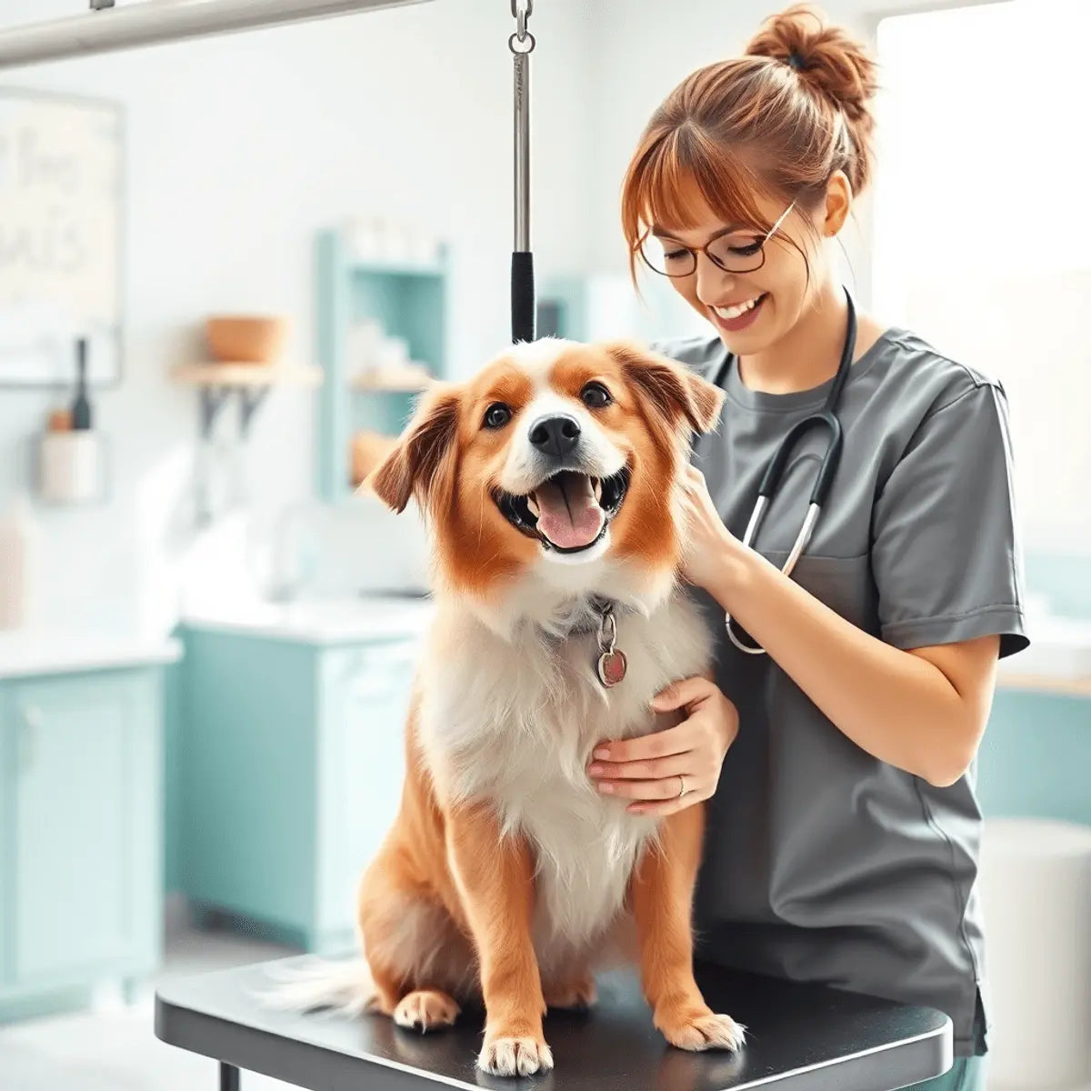 Bright pet grooming salon with groomer bathing and brushing a happy dog, soft natural light, and calming colors creating a warm, stress-free atmosphere.
