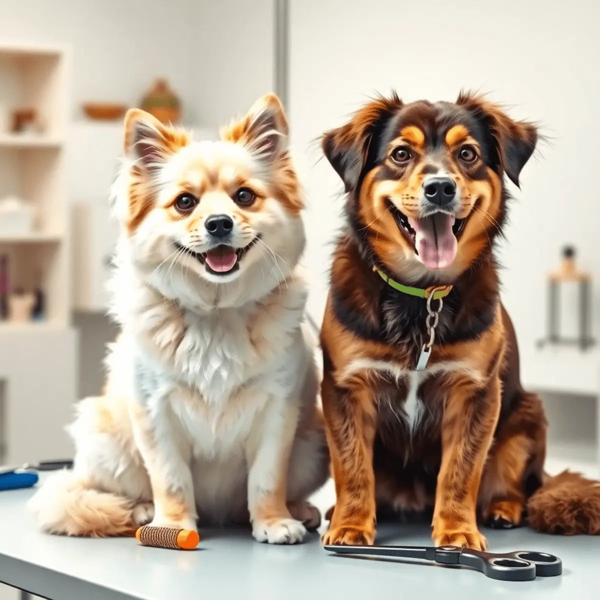 A happy dog and cat sitting side by side on a grooming table with brushes and scissors in a bright pet salon.