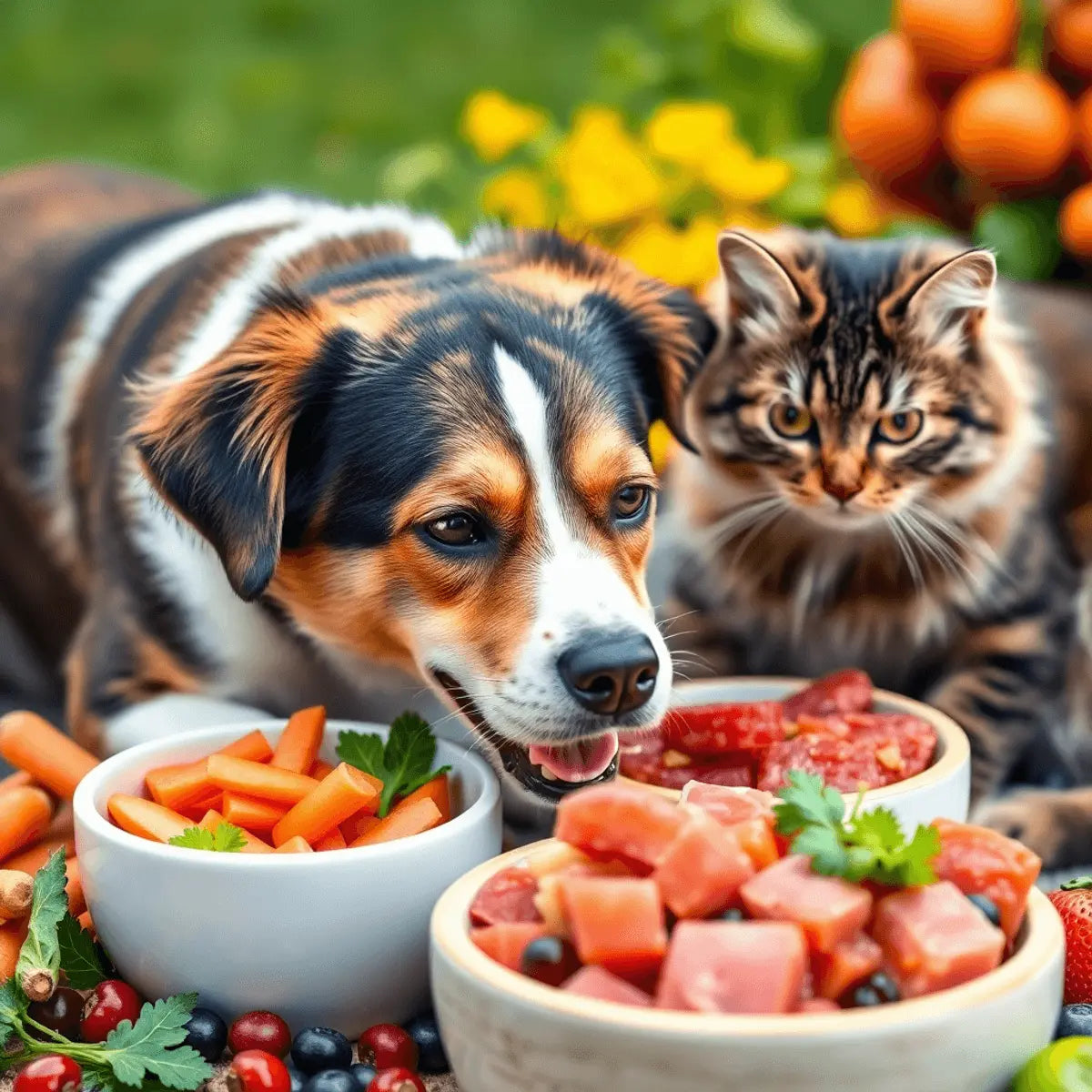Close-up of a dog and cat eating fresh vegetables and meats from bowls outdoors, surrounded by carrots, greens, and berries, depicting natural pet nutrition.