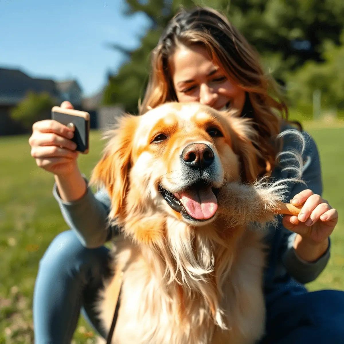 A happy woman grooming her golden retriever outdoors on a sunny day with loose fur on the brush and in the air.