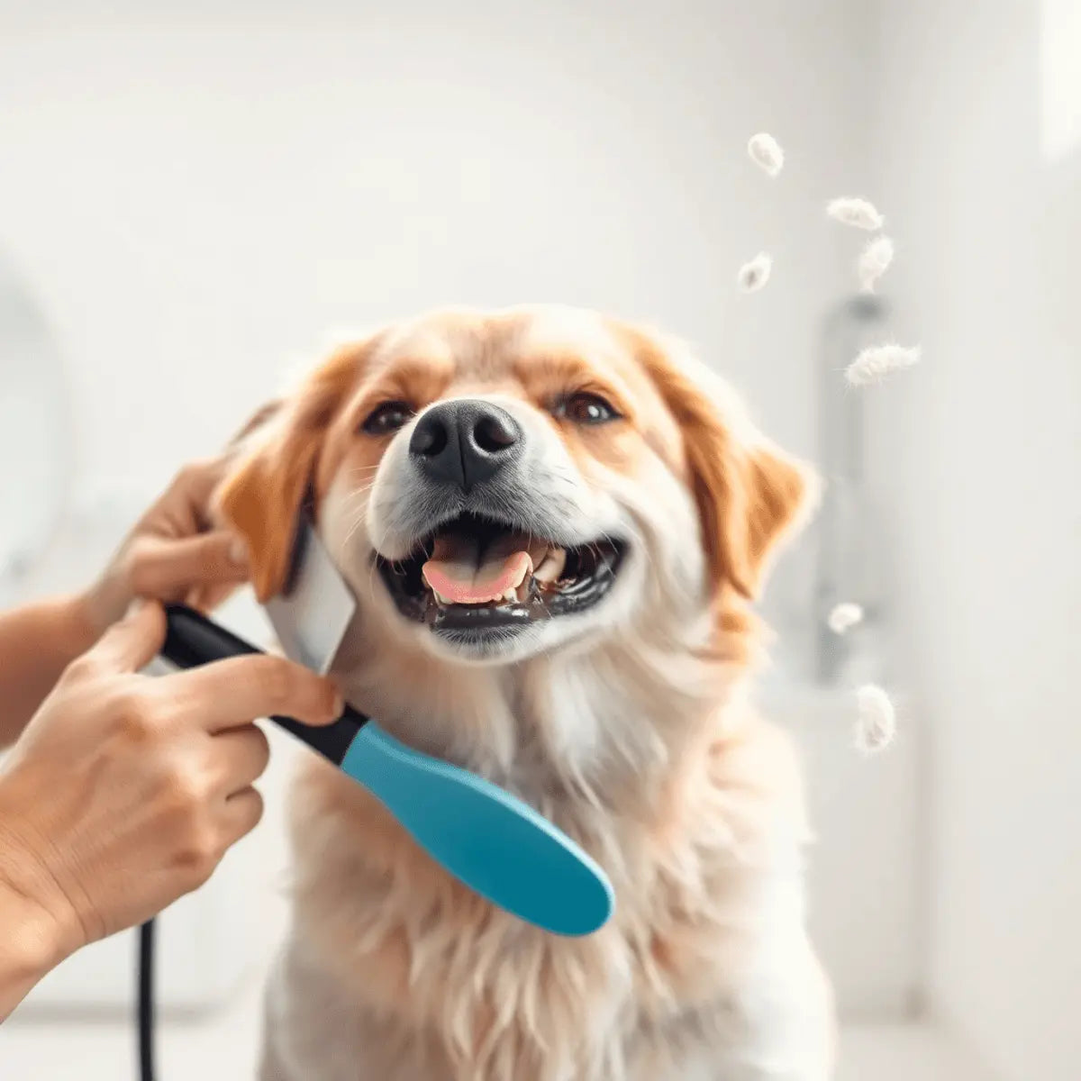 A happy dog with a shiny coat being gently brushed by a groomer in a bright salon, surrounded by soft light and floating fur particles.