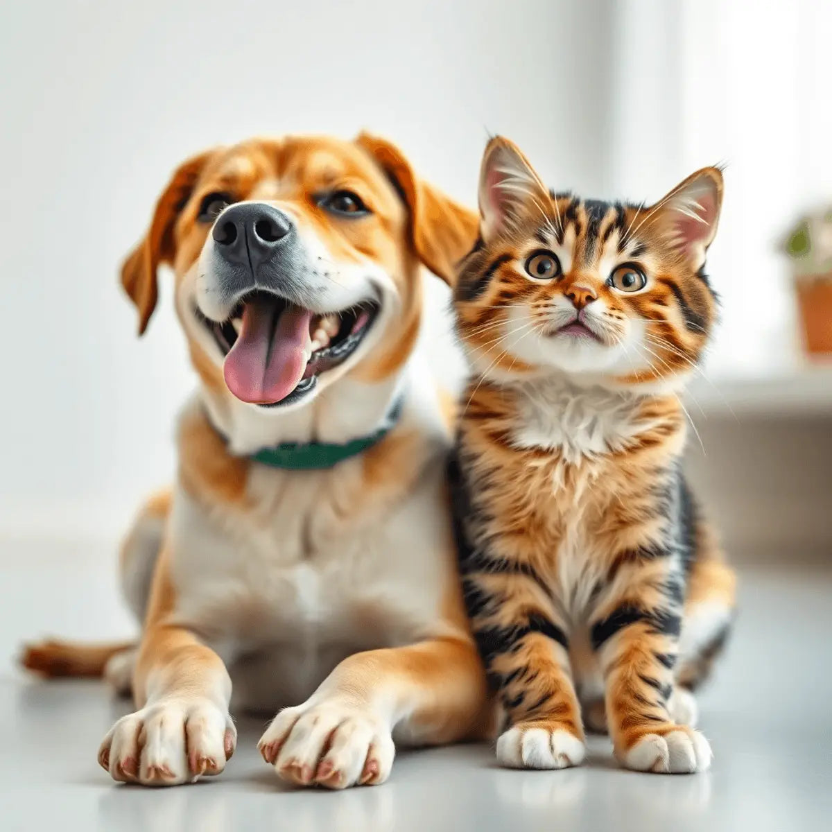 Close-up of a happy dog and cat sitting side by side with well-groomed paws against a bright, clean background.