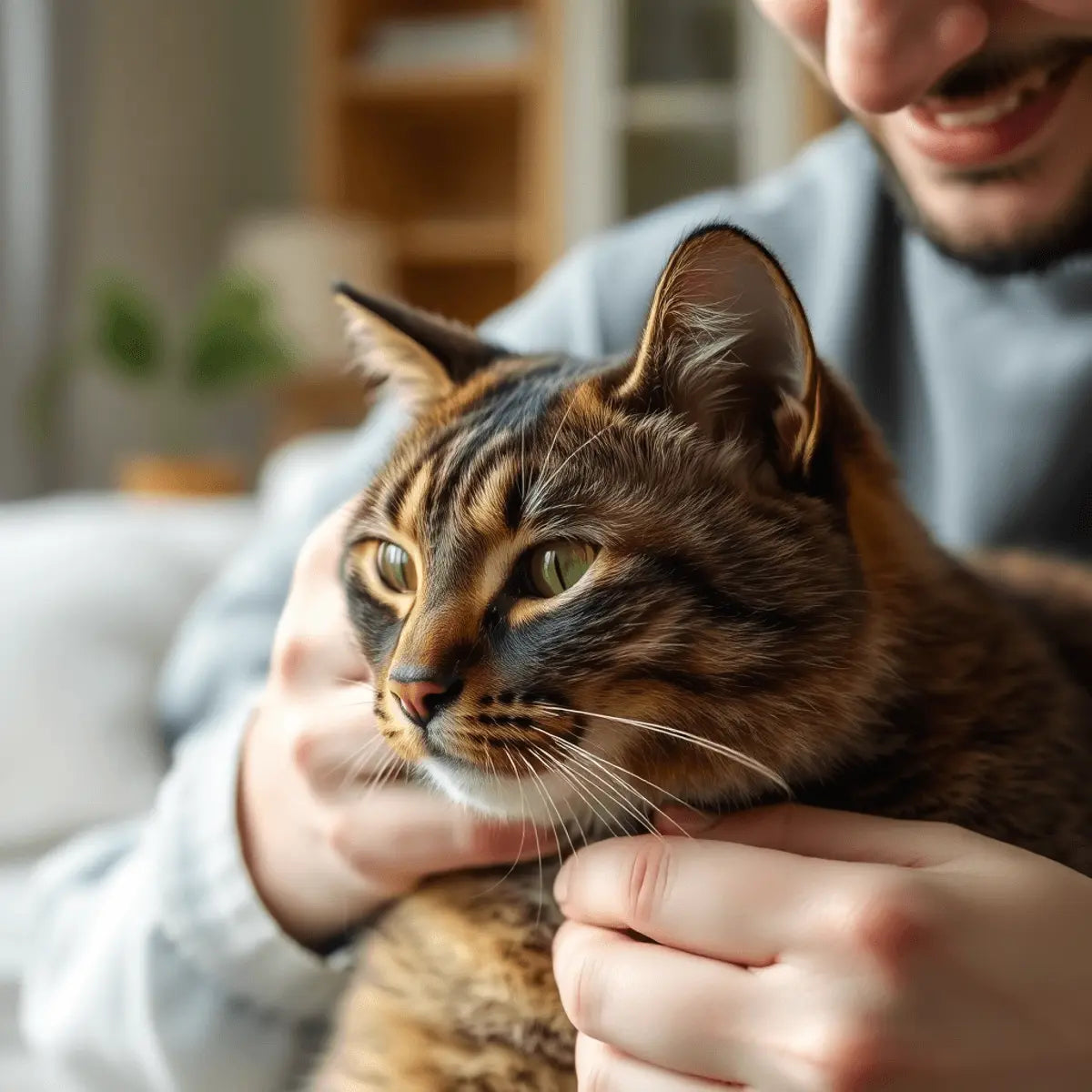 Close-up of a person gently trimming a relaxed cat's nails in a cozy, softly lit home, capturing a tender moment of care.