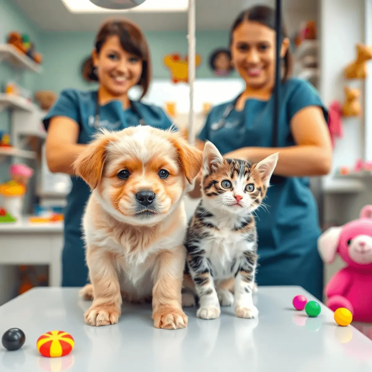 A happy puppy and kitten being gently groomed in a bright pet salon with colorful toys and smiling groomers.