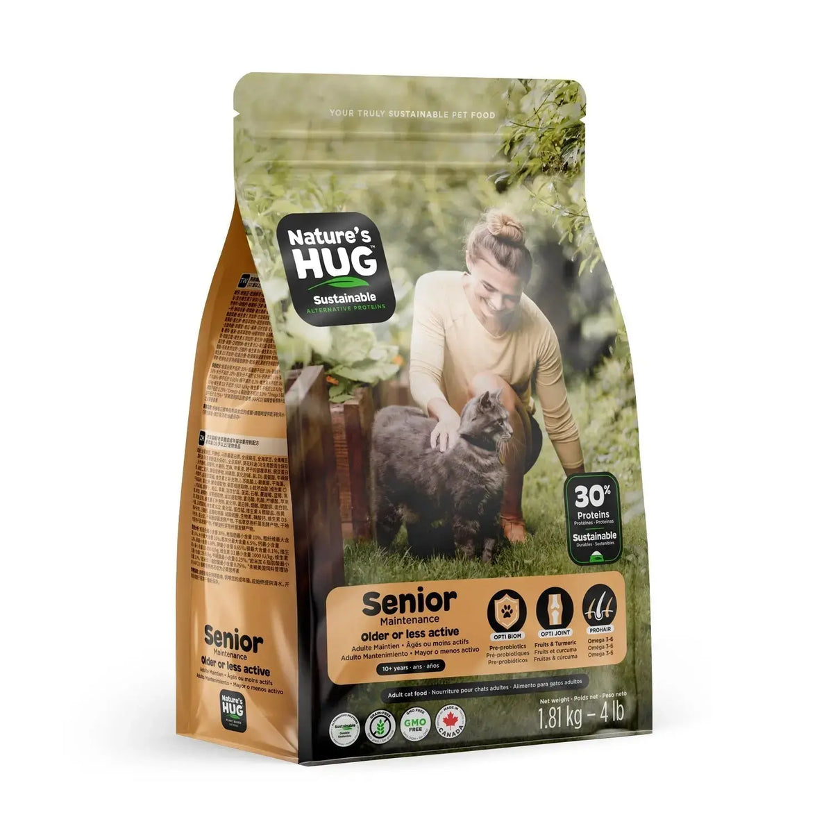 A bag of Nature's HUG Senior dry cat food for older or less active cats