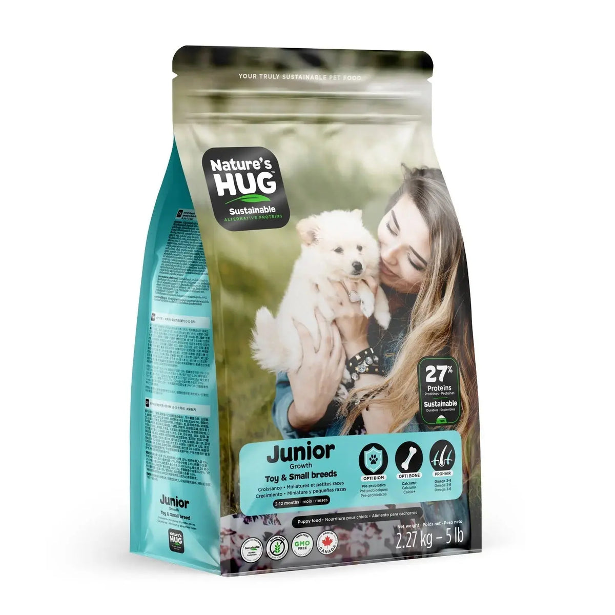 A bag of Nature's HUG Junior dry food for toy and small breed puppies
