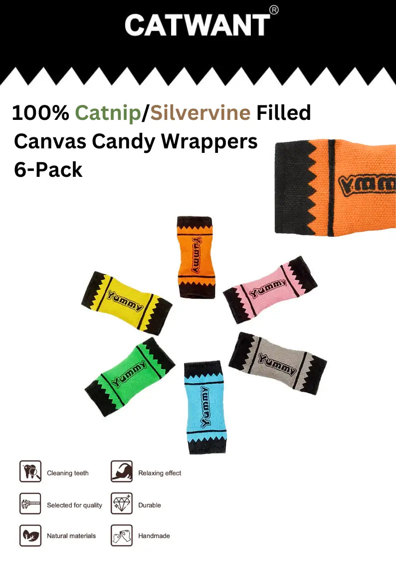 100% Catnip/Silvervine Filled Canvas Candy Wrappers, 6Pcs CATWANT