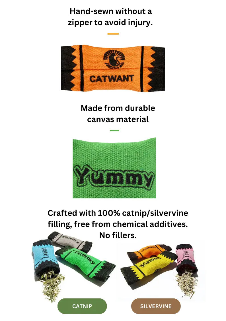 100% Catnip/Silvervine Filled Canvas Candy Wrappers, 6Pcs CATWANT