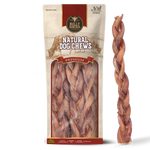 Bully Bunches pouch of 12 inch standard braided bully stick, with loose braids beside it