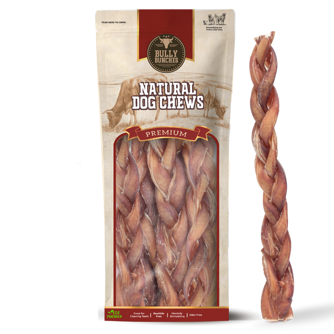Bully Bunches pouch of 12 inch standard braided bully stick, with loose braids beside it