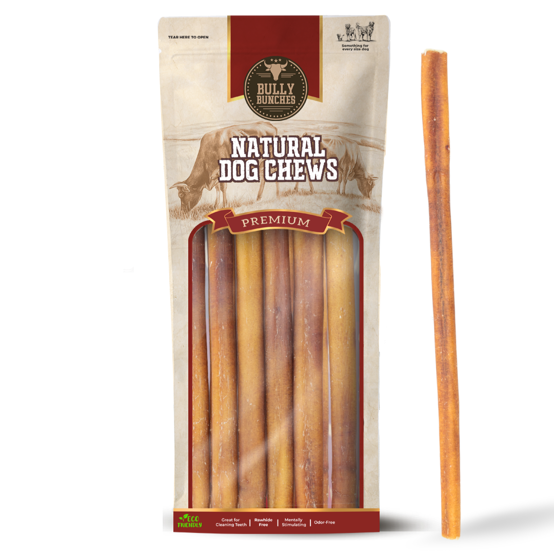 Bully Bunches pouch of 12 inch standard bully stick, with loose sticks beside it