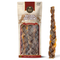 Bully Bunches pouch of 10-12 inch braided collagen stick, with loose braids beside it