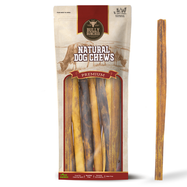 Bully Bunches pouch of 10-12 inch collagen stick, with loose sticks beside it