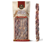 Bully Bunches pouch of 12 inch braided jerky stick, with loose braids beside it