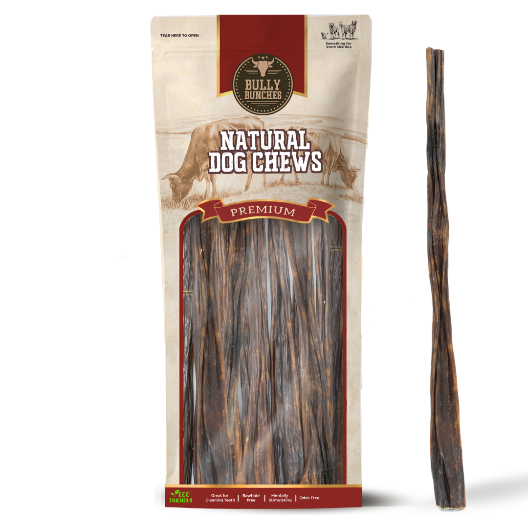 Bully Bunches pouch of 12 inch beef jerky stick, with loose sticks beside it