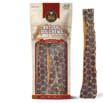 Bully Bunches pouch of 12 inch beef jerky strip, with loose strips beside it