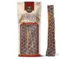 Bully Bunches pouch of 12 inch beef jerky strip, with loose strips beside it