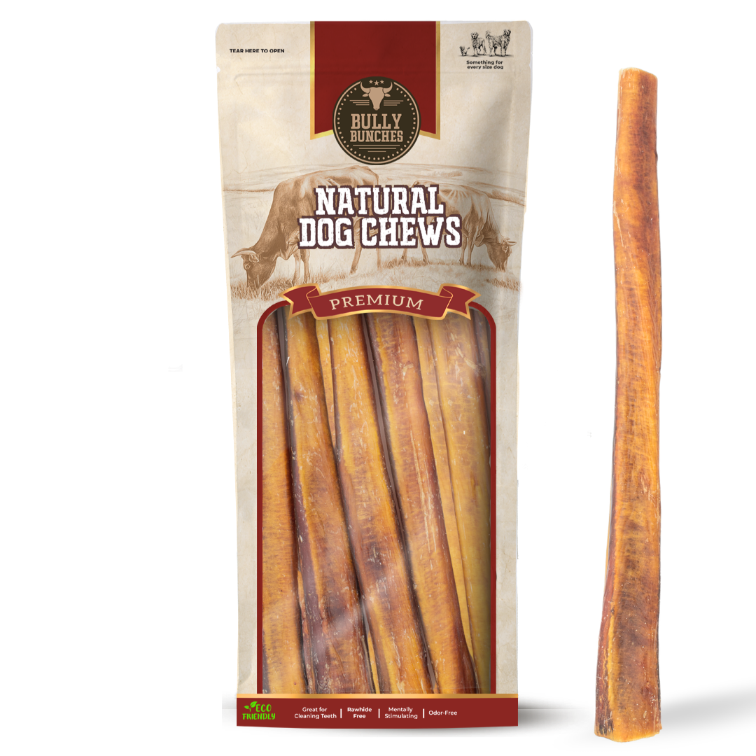 Bully Bunches pouch of 12 inch jumbo bully stick, with loose sticks beside it