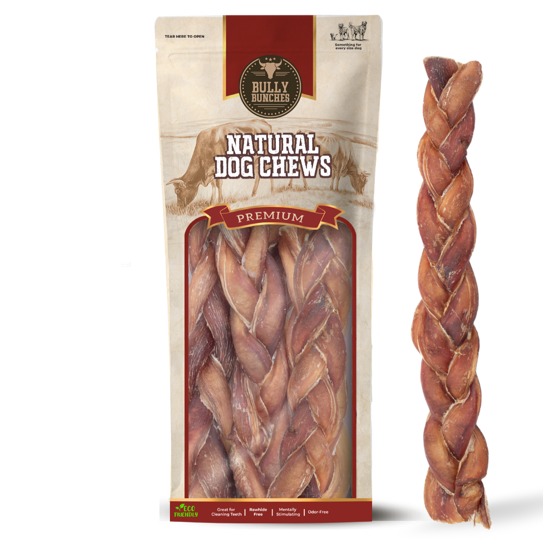 Bully Bunches pouch of 12 inch jumbo braided bully stick, with loose braids beside it