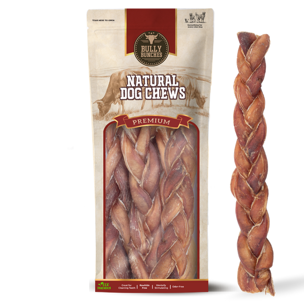 Bully Bunches pouch of 12 inch jumbo braided bully stick, with loose braids beside it