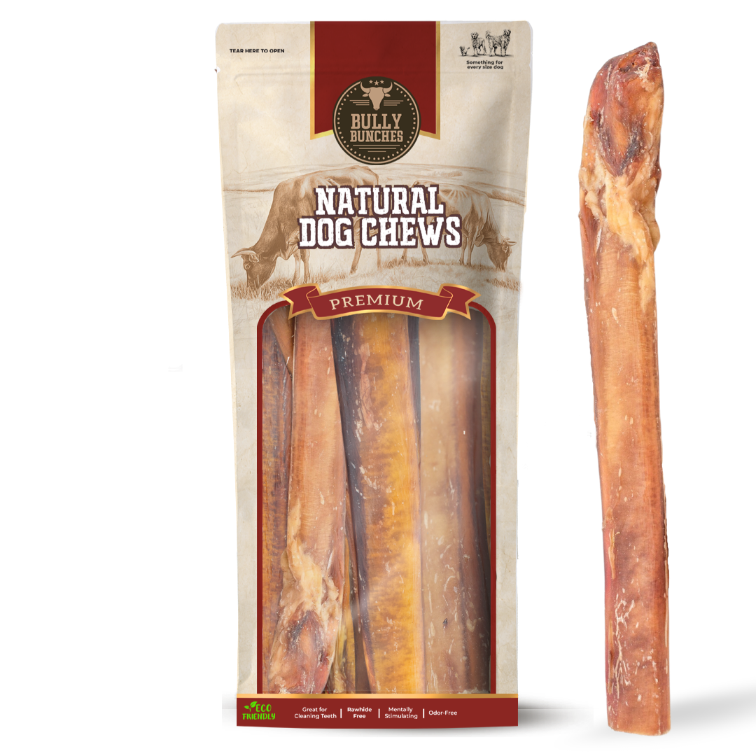 Bully Bunches pouch of 12 inch mega monster bully stick, with loose sticks beside it