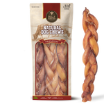 Bully Bunches pouch of 12 inch monster braided bully stick, with loose braids beside it