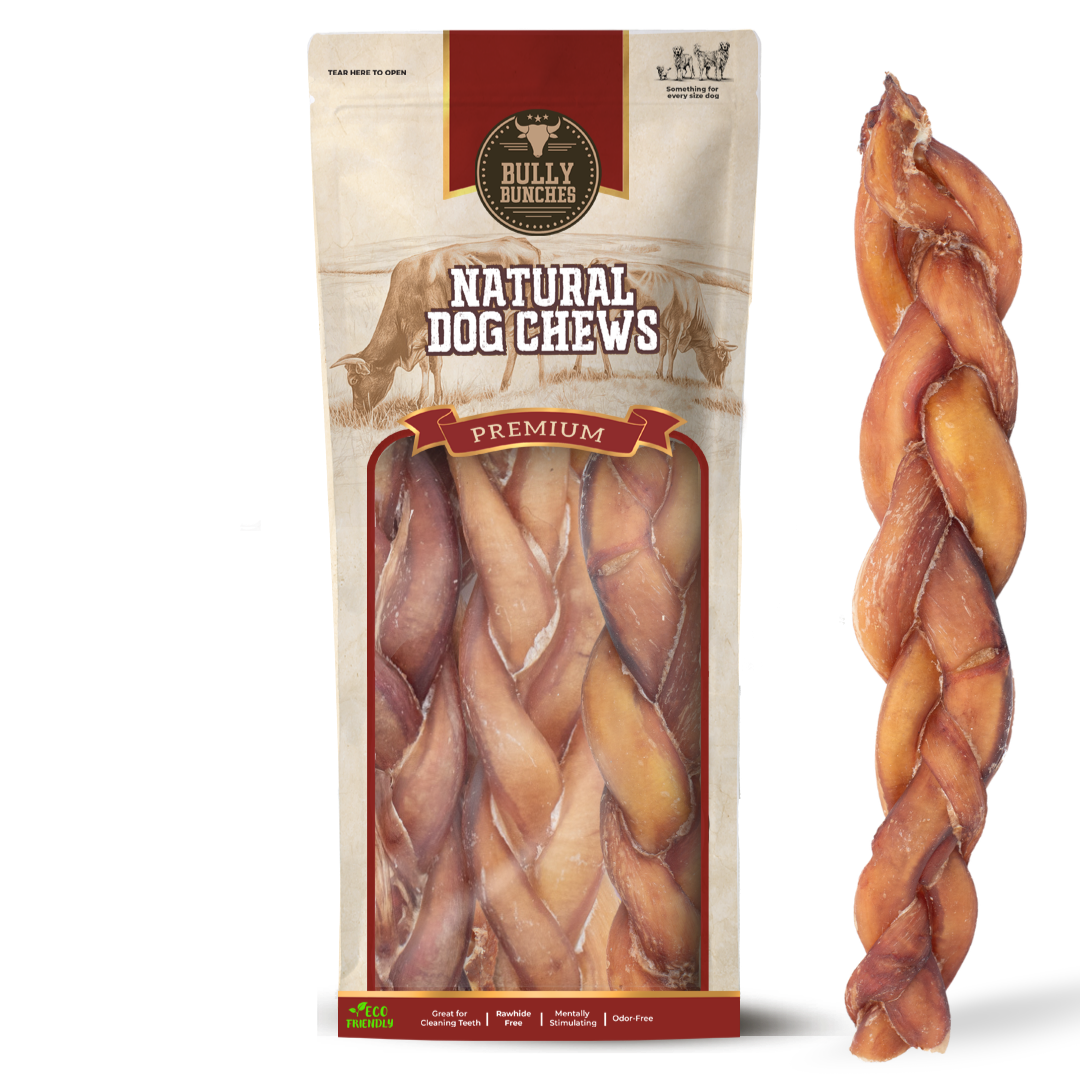 Bully Bunches pouch of 12 inch monster braided bully stick, with loose braids beside it