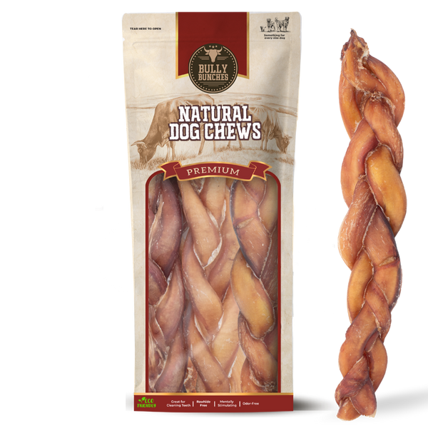 Bully Bunches pouch of 12 inch monster braided bully stick, with loose braids beside it