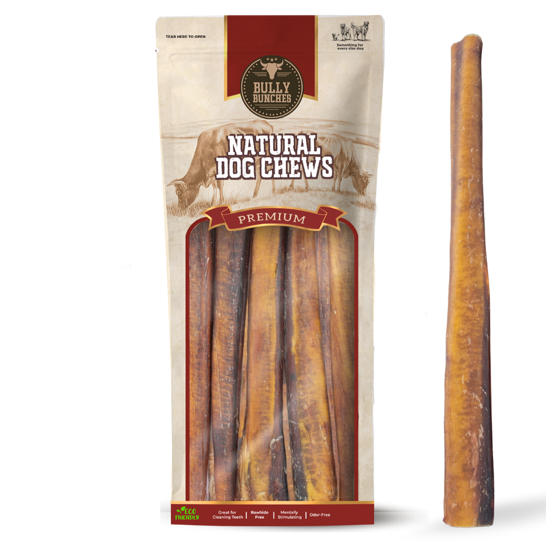 Bully Bunches pouch of 12 inch monster bully stick, with loose sticks beside it