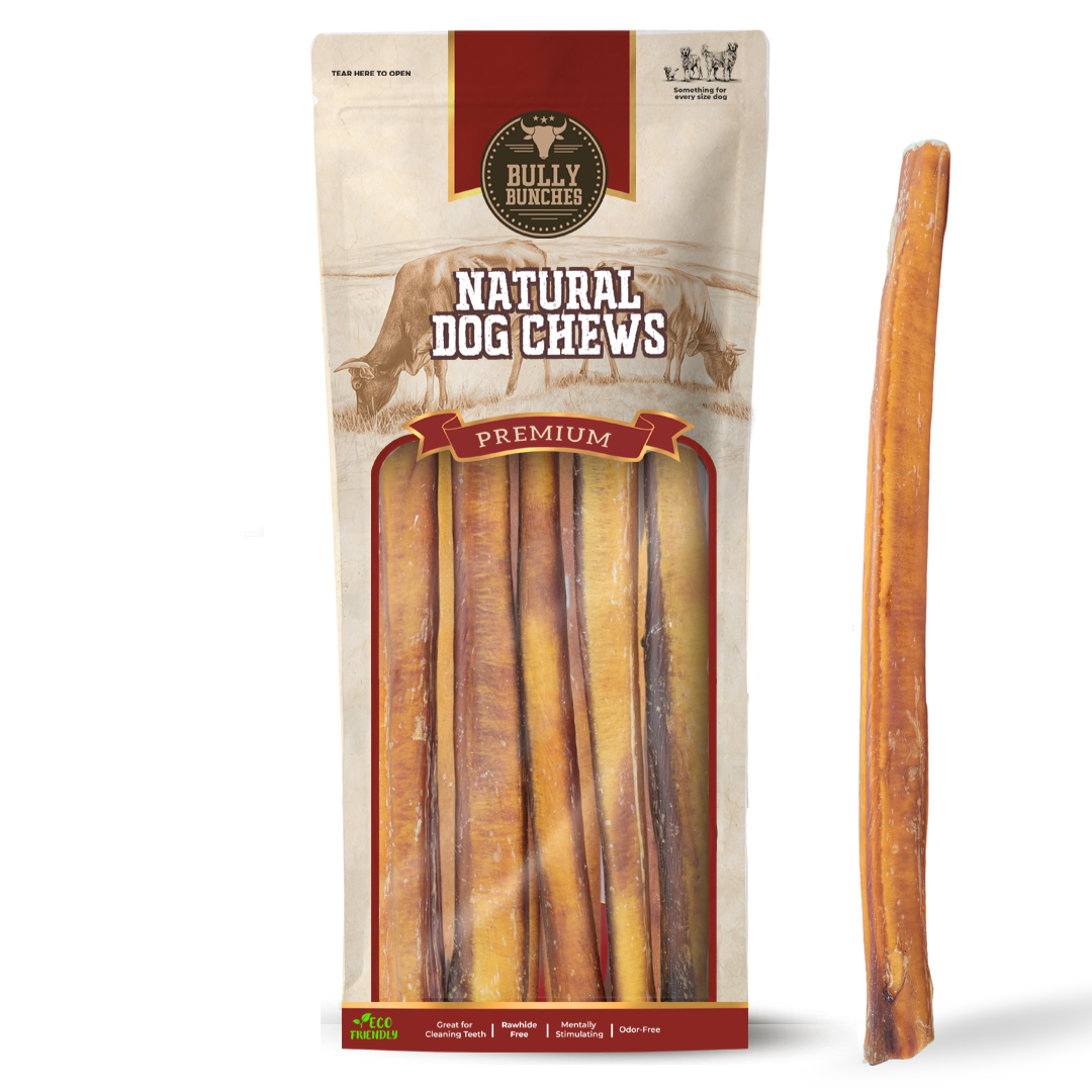Bully Bunches pouch of 12 inch thick bully stick, with loose sticks beside it