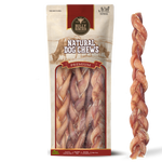 Bully Bunches pouch of 12 inch thick braided bully stick, with loose braids beside it