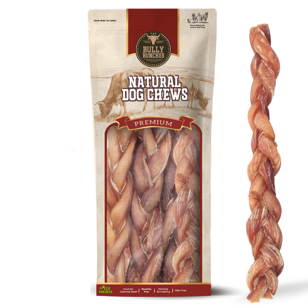 Bully Bunches pouch of 12 inch thick braided bully stick, with loose braids beside it