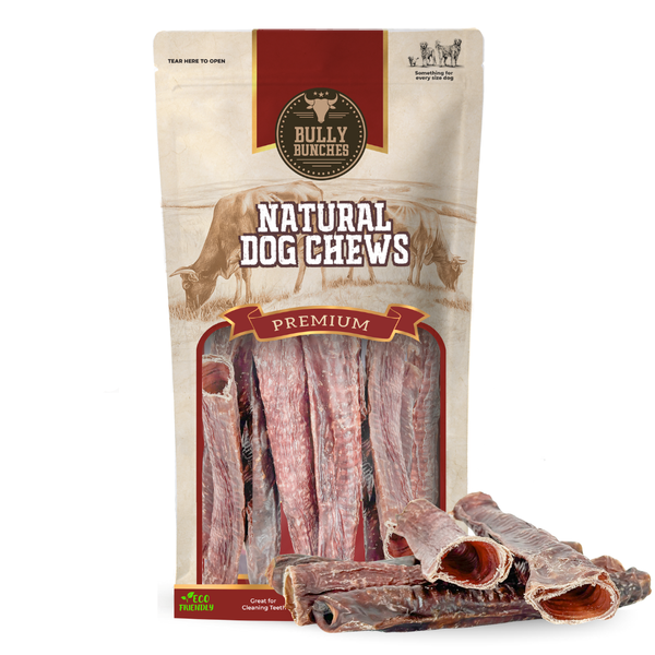 Bully Bunches pouch of 12 inch trachea wrapped in jerky, with loose tracheas beside it