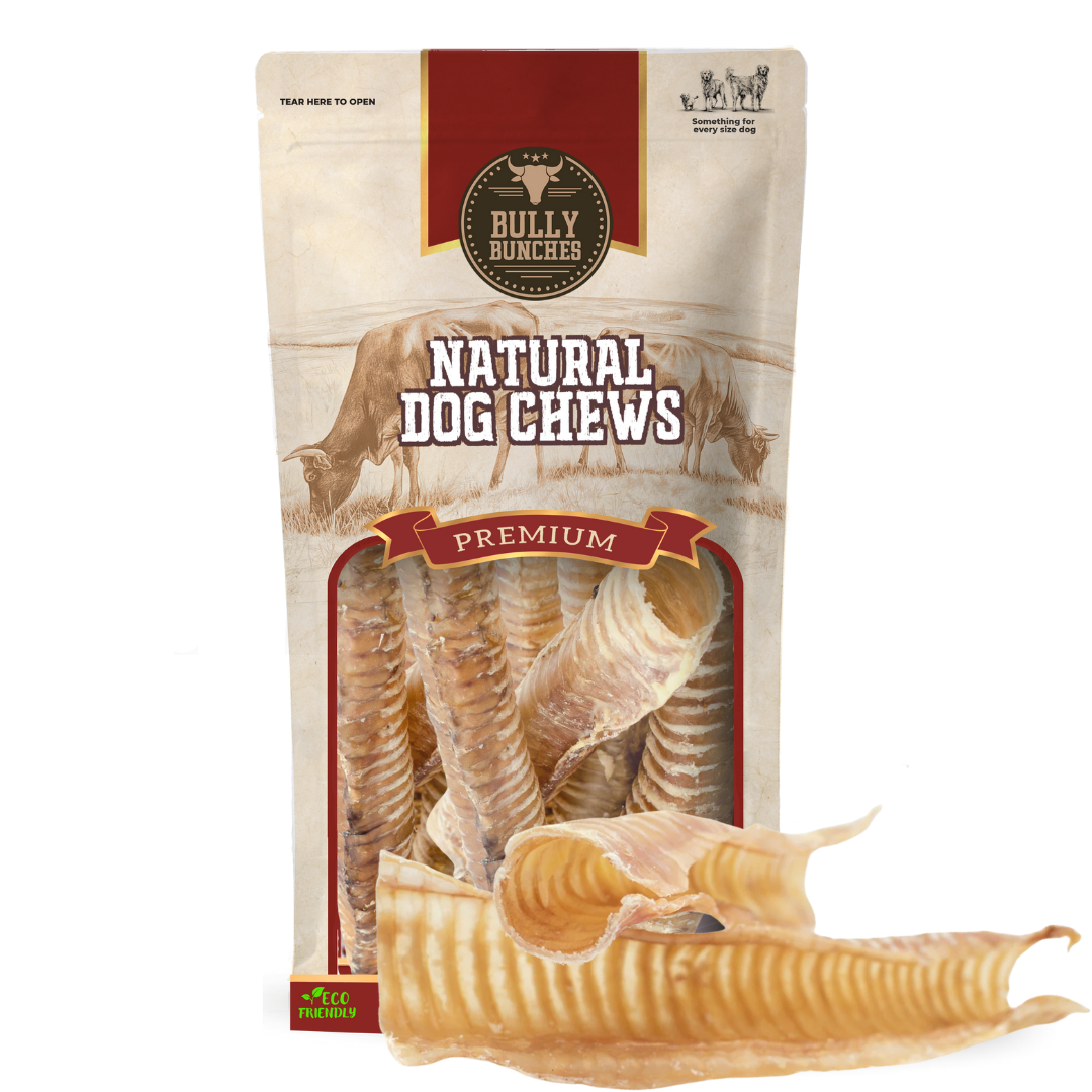 Bully Bunches pouch of 12 inch beef trachea, with loose tracheas beside it