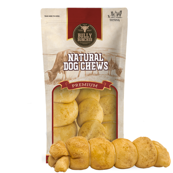 Bully Bunches pouch of 10-12 inch peanut butter cheek roll, with loose rolls beside it