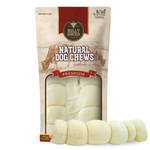 Bully Bunches pouch of 10-12 inch beef cheek roll, with loose rolls beside it