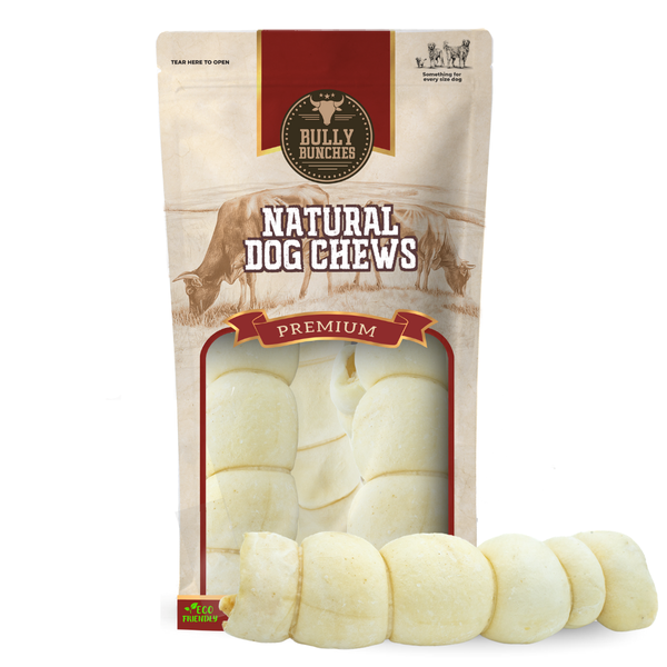 Bully Bunches pouch of 10-12 inch beef cheek roll, with loose rolls beside it
