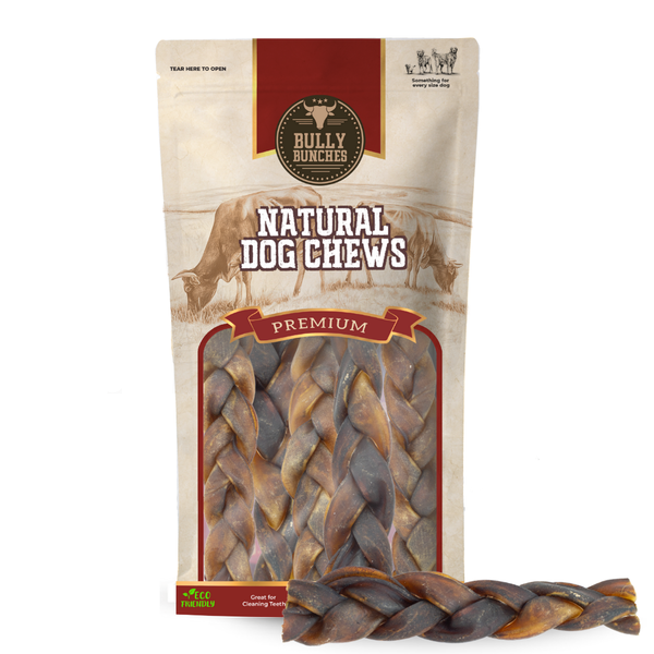 Bully Bunches pouch of 5-6 inch braided collagen stick, with loose braids beside it
